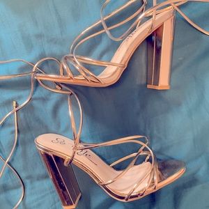 Open toe strappy rose gold heels